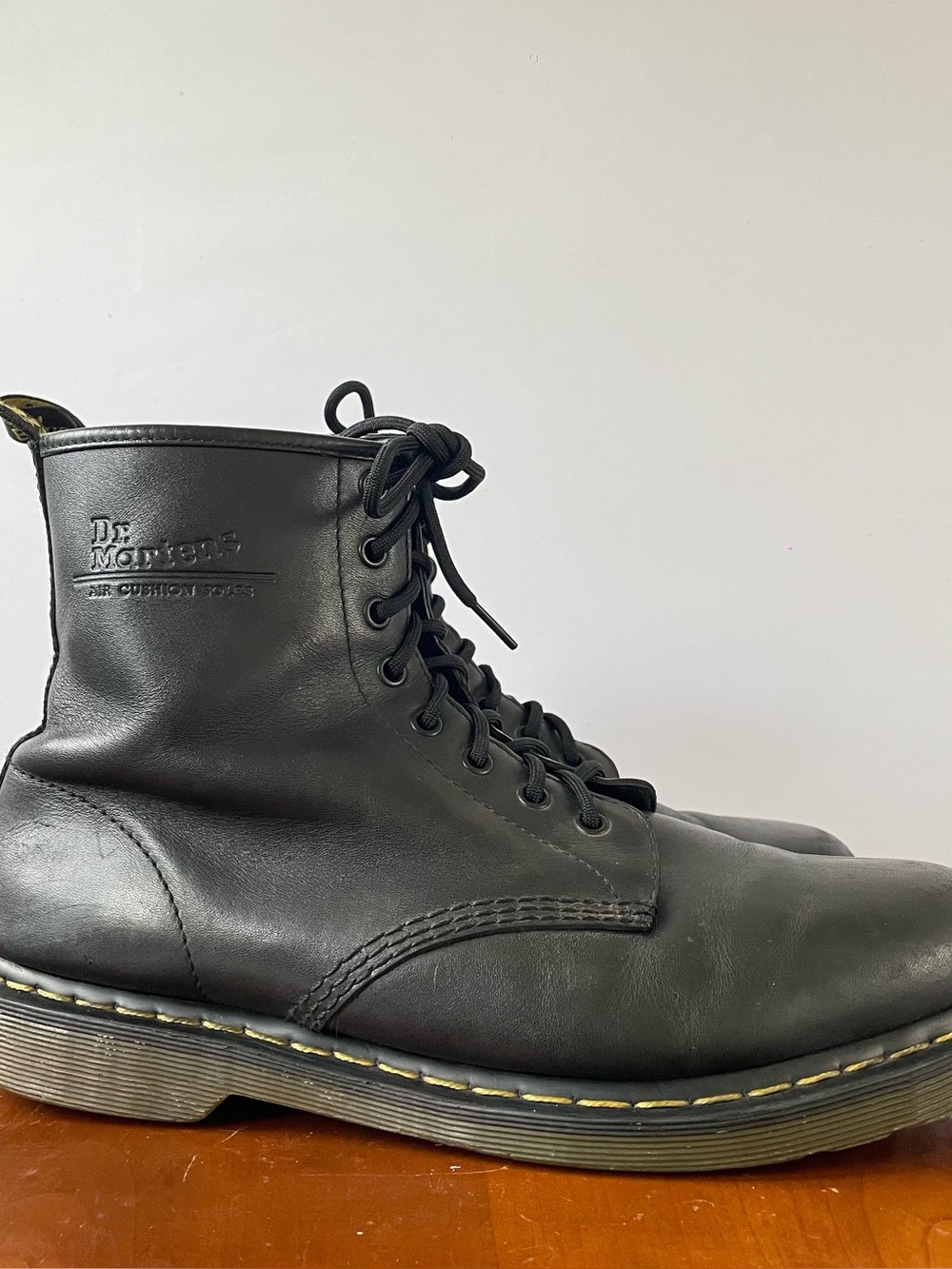 Dr. Martens Black Leather 8-Eye Combat Boots with Yellow Stitching